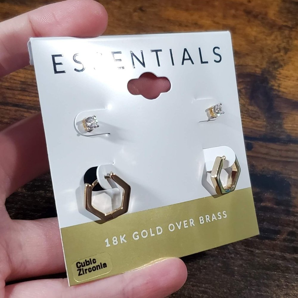 NEW! Essentials 18K Gold Plated Stud Hoop Earring Duo w/ Cubic Zirconia